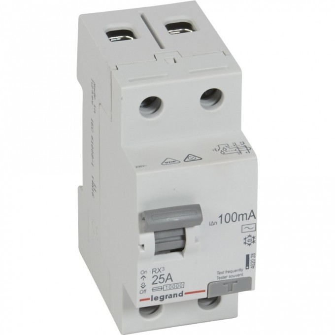 Выключатель дифференциального тока LEGRAND RX3 100мА 25А 2П AC белый 402028 Выключатель дифференциального тока LEGRAND RX3 100мА 25А 2П AC белый 402028