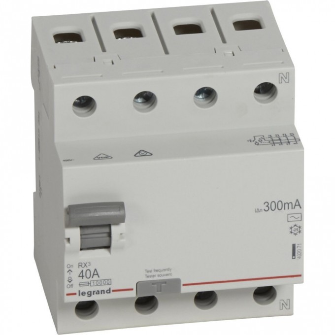 Выключатель дифференциального тока LEGRAND RX3 300мА 40А 4П тип AC белый 402071 Выключатель дифференциального тока LEGRAND RX3 300мА 40А 4П тип AC белый 402071
