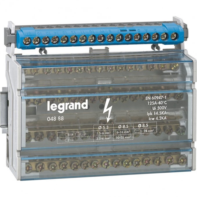 Модульный распределительный блок LEGRAND 4П, 125 A, 15 подключений 04888 Модульный распределительный блок LEGRAND 4П, 125 A, 15 подключений 04888