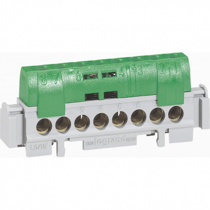 Клеммная колодка LEGRAND IP 2X земля, зеленая 8 x 1,5-16 мм² длина 75 мм 04832 Клеммная колодка LEGRAND IP 2X земля, зеленая 8 x 1,5-16 мм² длина 75 мм 04832